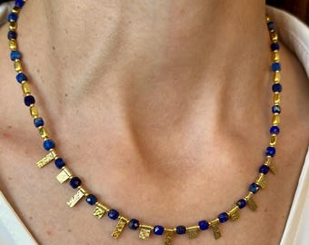 Lapis Lazuli Necklace with Gold Plated Silver Charms, Mother's Day Gift Statement Necklace