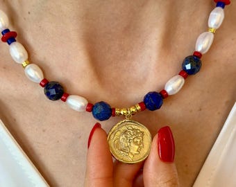 Multicolor Gemstone Statement Necklace, Ancient Coin Pendant, Mother's Day Necklace, Lapis Lazuli & Pearls