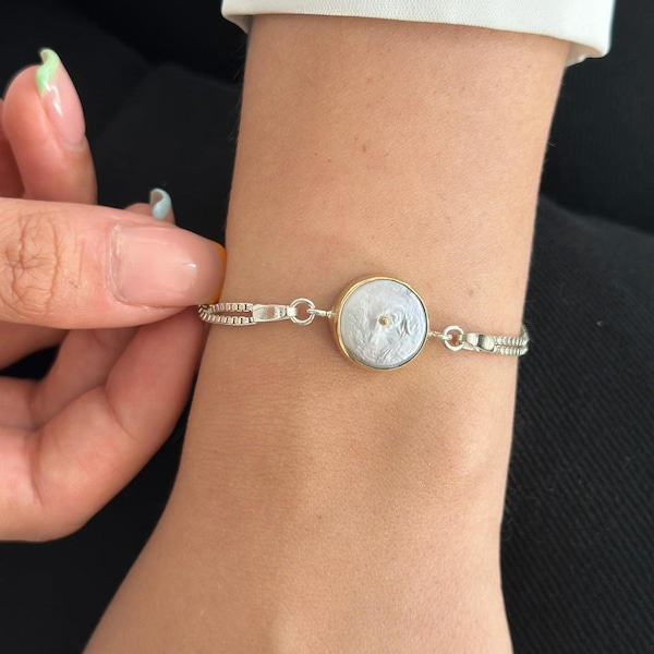 Sterling Silver Bracelet with Pearl Charm, Elegant Bracelet Mother's Day Gift