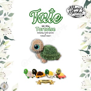 Pode incluir: Um padrão de crochê para um brinquedo de pelúcia de tartaruga sem costura. O padrão inclui duas opções de concha e três opções de mod de flor. A imagem mostra uma tartaruga de pelúcia verde com uma cabeça marrom claro e grandes olhos azuis. O padrão é testado para canhotos e amigável.