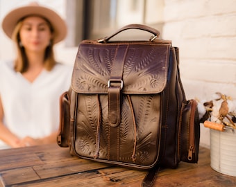 Hand-tooled leather backpack purse, women’s backpack, gift for her, backpack women leather tooled, leather purse, travel backpack