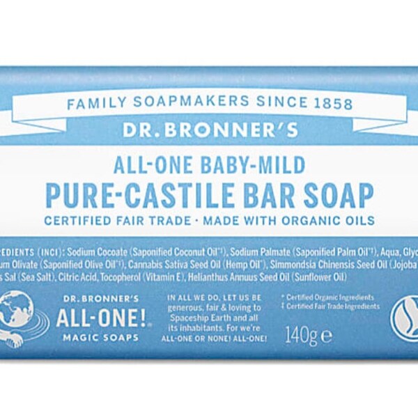 Dr. Bronner's Castile Soap Bar All-One Baby Mild - Fragrance Free & Made with Organic Oils