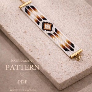 May include: A beaded loom bracelet pattern with a geometric design in white, brown, and black. The bracelet has gold-colored metal ends and a chain. The image also includes the text "loom bracelet PATTERN PDF". The finished size is 1.8 x 5.5 inches.