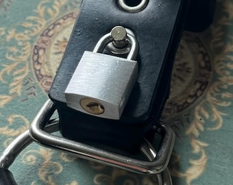 Peut inclure: Harnais en cuir noir avec des éléments métalliques argentés, dont une boucle, des rivets et des anneaux en D. Un petit cadenas argenté sécurise le harnais. Le harnais est conçu avec plusieurs sangles et des éléments réglables.