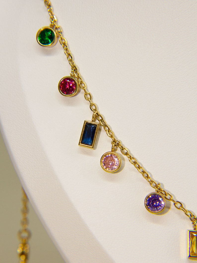 Baguette Rainbow Gemstone Necklace 18K Gold Geometric Charm Layering Rainbow Charm Crystal Rainbow Necklace Summer Necklace image 4