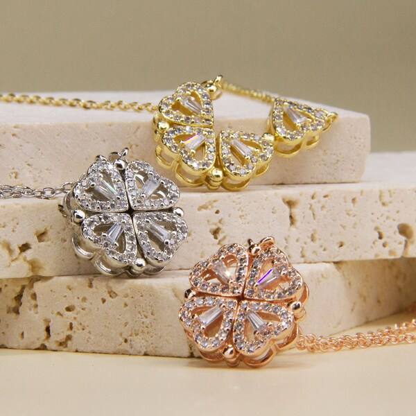 thumbnail image 2 of Women's Four Leaf Clover Necklace – Vintage Magnetic Folding Heart Pendant Jewelry 2 of 6