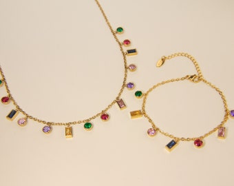 Ensemble collier et bracelet de pierres précieuses arc-en-ciel | Plaqué or 18 carats | Charm arc-en-ciel | Bijoux d'été | Ensemble de bijoux | Multicolore | Cadeau pour elle