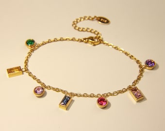 Baguette Rainbow Gemstone Bracelet | 18K Gold  | Geometric Charm Pendant | Layering  | Rainbow Charm  | Crystal Rainbow  | Summer Bracelet
