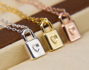 Padlock Charm Necklace | Sterling Silver Padlock Pendant Necklace | Love Heart Statement Necklace | Heart Padlock Pendant Necklace