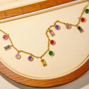 Baguette Rainbow Gemstone Necklace | 18K Gold | Geometric Charm | Layering  | Rainbow Charm  | Crystal Rainbow Necklace | Summer Necklace