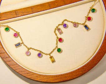Baguette Rainbow Gemstone Necklace | 18K Gold Plated Charm