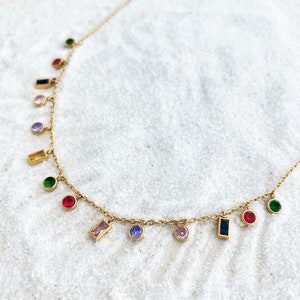 Baguette Rainbow Gemstone Necklace 18K Gold Geometric Charm Layering Rainbow Charm Crystal Rainbow Necklace Summer Necklace image 9