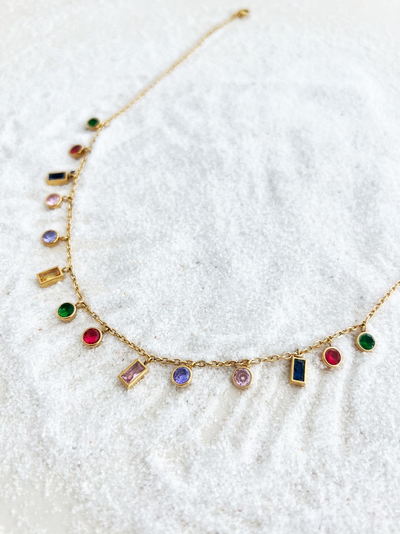 Baguette Rainbow Gemstone Necklace 18K Gold Geometric Charm Layering Rainbow Charm Crystal Rainbow Necklace Summer Necklace image 9