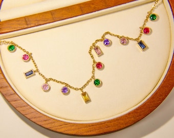 Baguette Rainbow Gemstone Necklace | 18K Gold | Geometric Charm | Layering  | Rainbow Charm  | Crystal Rainbow Necklace | Summer Necklace