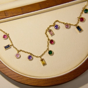 Baguette Rainbow Gemstone Necklace 18K Gold Geometric Charm Layering Rainbow Charm Crystal Rainbow Necklace Summer Necklace image 1