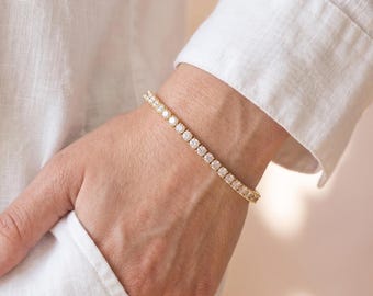 Moissanite Bracelet, 3 & 4mm Moissanite Tennis Bracelet, Fine Jewelry For Women, Custom Engraved Initial Letter, Birthday Gift For Wife