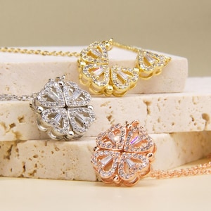 Colar com pingente magnético em formato de coração | Trevo de quatro folhas | Colar para casal | Pingente de Dia dos Namorados | 2 em 1 | Coração dobrável | Diamante CZ