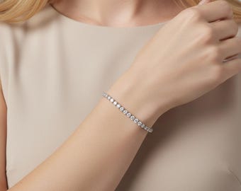 3mm Bezel Tennis Moissanite Bracelet, 925 Sterling Silver, 5.5"-9.1", 18K White Gold Finish, Gift for Her, Christmas