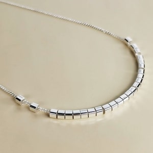 Square Bead Sterling Silver Necklace | Shiny Bead Pendant | Silver Square Beads Bar Necklace | Sterling Silver Cube | Geometric Layering