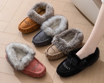 Women's Faux-Fur Beaded Vegan Moccasin Slipper Shoes