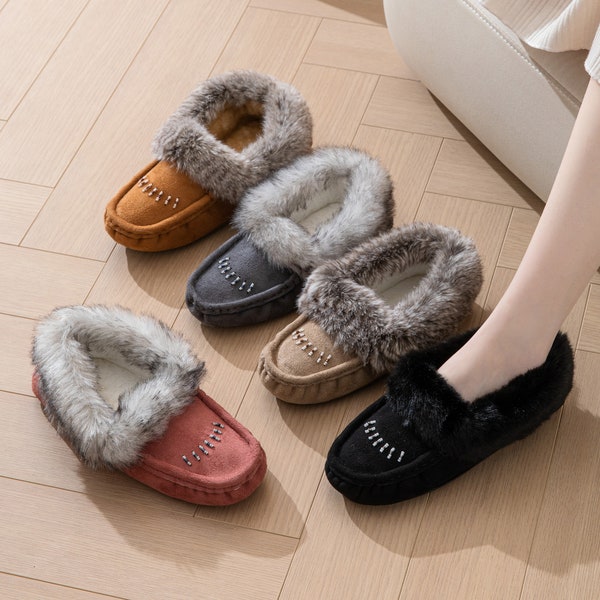 Women's Faux-Fur Beaded Vegan Moccasin Slipper Shoes