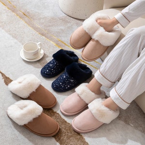 Slip-on Scuff Slippers For Women Fuzzy Cozy Indoor Outdoor Memory Foam with Anti Slip Sole