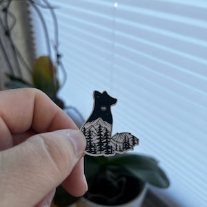 Mini pegatina Zorro y paisaje natural- Hecho a mano | Paisaje de montaña - pegatina - idea de regalo mini pegatina | Silueta de zorro en la noche