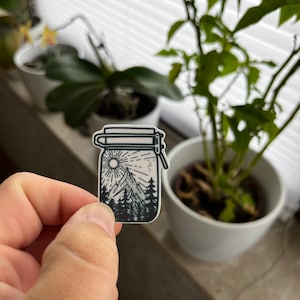 Mini pegatina decoración al aire libre - diseño de pegatinas paisaje de montaña - pegatina sol sobre las montañas - idea de regalo - pegatina de camping
