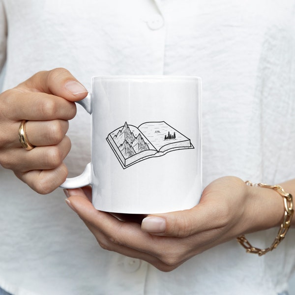 Minimalistische Keramik Tasse mit Buch und Landschaftsmotiv - Kaffeetasse für Buchliebhaber, ideales Geschenk für Leseratten