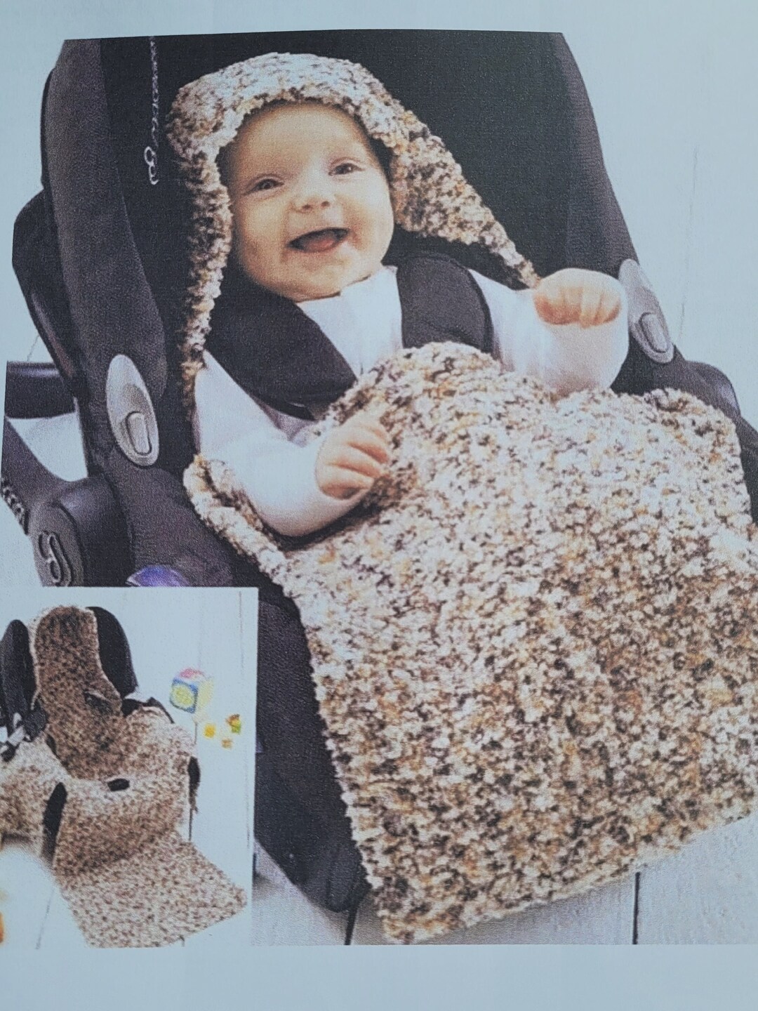 PDF Download Knitting Pattern for Cosy Hooded Car Seat Blanket for Baby