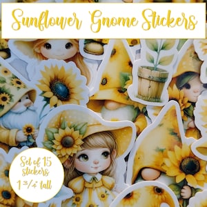 Pegatinas de gnomos, pegatinas de gnomos de girasol, paquete de 15 pegatinas para pegatinas de diario portátil, pegatinas de gnomos de vinilo, scrapbooking de primavera y verano