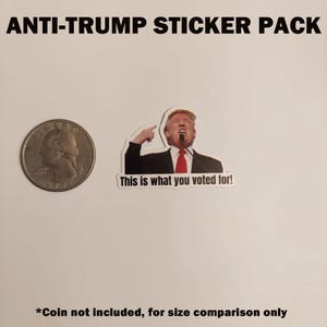May include: An "Anti-Trump Sticker Pack" with a sticker of a man pointing at his head, with the text "This is what you voted for!". A quarter is next to the sticker for size comparison. The text "ANTI-TRUMP STICKER PACK" is at the top.