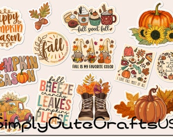 Op de afbeelding: Een verzameling herfststickers met pompoenen, bladeren en teksten als "Happy Pumpkin Season" en "Fall is my favorite color". De stickers hebben warme kleuren en herfstafbeeldingen, perfect voor seizoensgebonden knutselen.