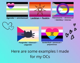 May include: A digital illustration of various pride flags with text describing different gender identities and sexual orientations. The flags are arranged in a grid with hearts and text at the bottom that says "Here are some examples I made for my OCs".