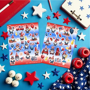 Feuille d'autocollants gnomes du 4 juillet 5 x 7 coupes baisers autocollants patriotiques gnome des États-Unis, album de scrapbooking Journal du jour de l'indépendance en vinyle brillant