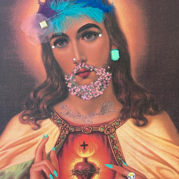 Arte Shesus Extra Grande - peça de arte original drag queen Jesus com moldura incluída