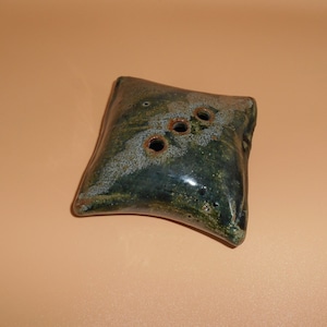 Vintage Ceramic Flower Frog/Green/Gray Ceramic Flower Vase Pillow Signed