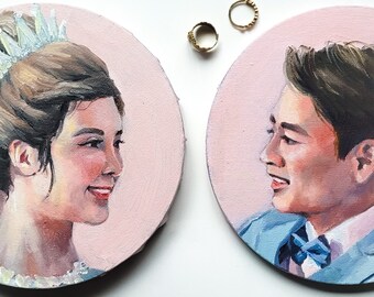 Round hand painted oil wedding portrait, bridal paintings