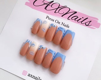 Blue French Tip nails | lips | press on nails | baby blue | reusable nails | kisses | nail designs | heart inspired nails | swirls | nails