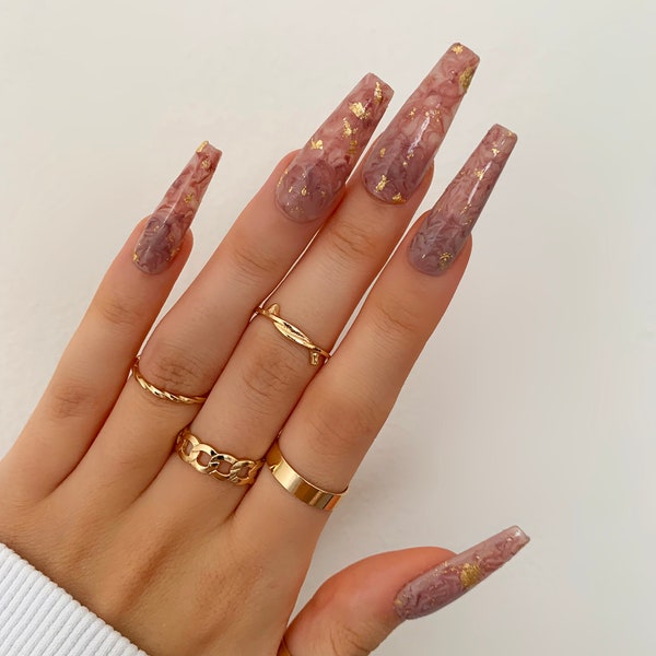 Marble Gold Flake Press On Nails | press ons | long lasting | reusable nails | marble nails | false nails | full set | durable | gold | gel