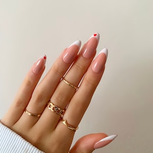 Valentines French Tip Press On Nails | valentine inspired nails | heart french tips | full set | white french | press ons | galentines day