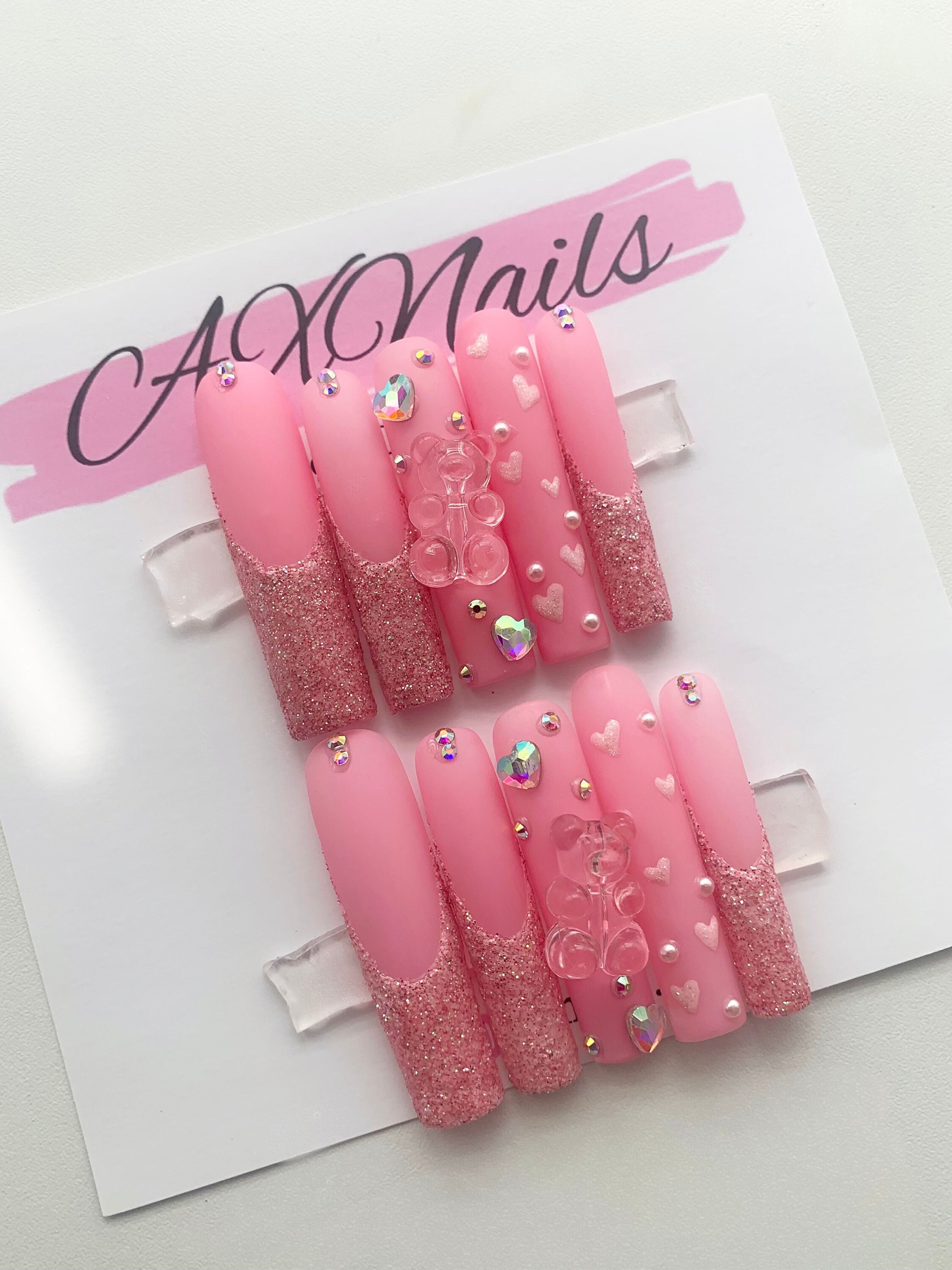 Luxe Gem Pink Gem French Tip Glitter Press on Nails, Gel Nails, Custom  Press on Nails,reusable Nails, Stick on Nails, Pink Gel False Nails 