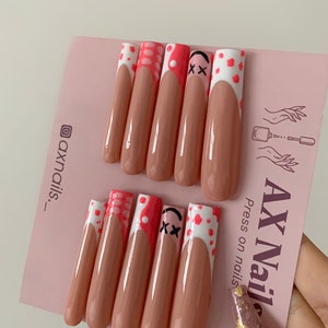 Pink white french tip nails | press on nails | croc nails | ying yang | square nails | smiley nails | press ons | french tip | cow print