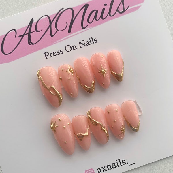 Presse étoile chromée dorée sur les ongles, ongles chromés, été, ongles chromés 3D, press ons, presse de luxe sur les ongles, déesse, réutilisable et durable