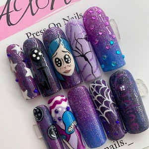 Coraline nails | coraline | character nails | Halloween nails | press on nails | spooky | movie | ombré | trippy nails | gems | bling nails
