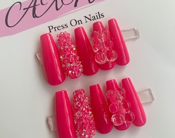 Pink Bear Press On Nails | coffin nails | press on nails | nail charms | gummy bear nails | diamond nails | 10 pcs nails | reusable nails