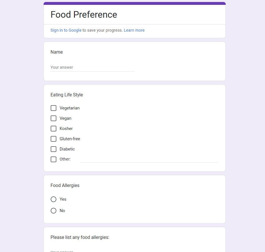 Food Preference Google Form Template Editable Etsy