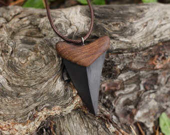 Handmade Ebony Wood Shark Tooth Pendant Necklace: Ocean Jewelry