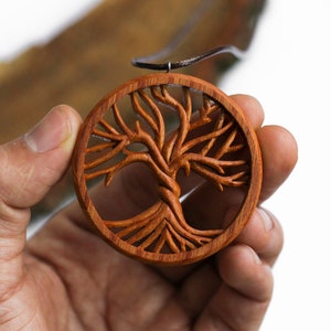 Hand Carved Wooden Tree of Life Necklace: Celtic Carving