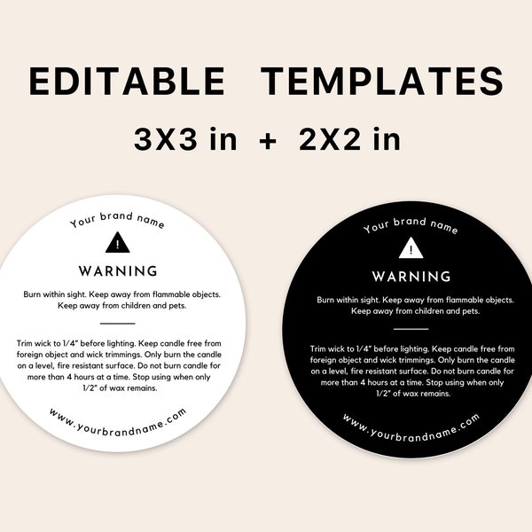 Editable Candle Safety Label Templates | 3" and  2" Circular Design | Black and White | Design A